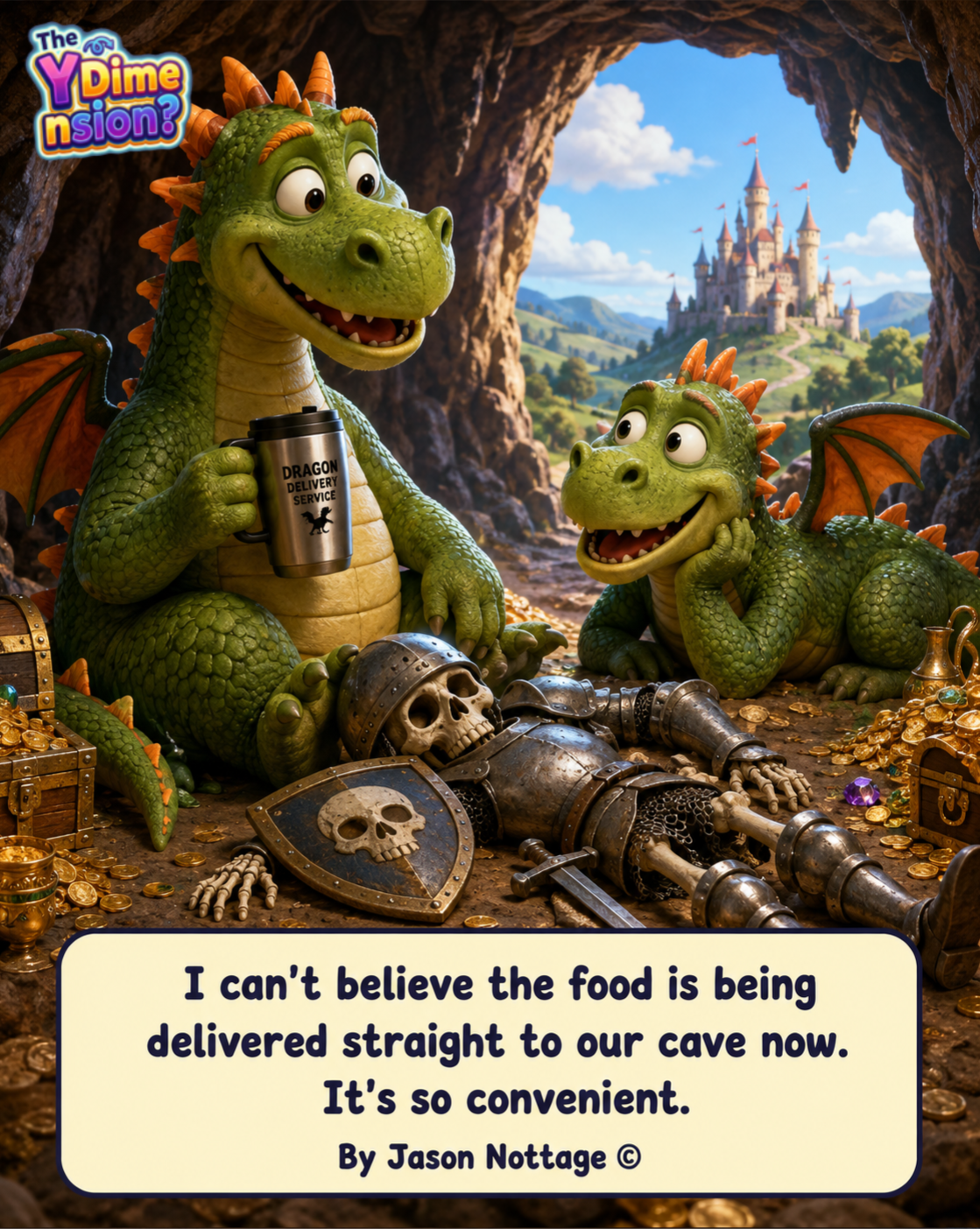 Two cheerful dragons in a treasure-filled cave discussing a delivery service